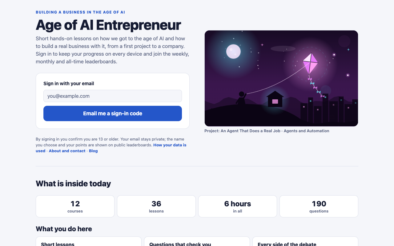 The AI Entrepreneur home page with the email sign-in box and the counts of 12 courses, 36 lessons and 190 questions