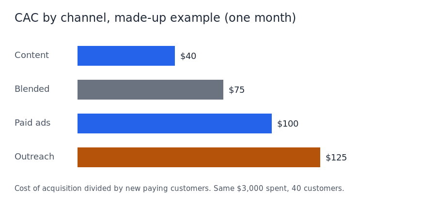 Bar chart of made-up customer acquisition cost by channel: content $40, blended $75, paid ads $100, outreach $125