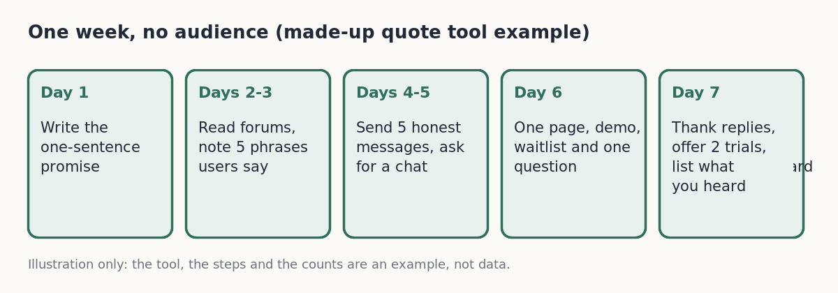 Diagram of a seven-day plan for a launch with no audience: sentence, read, message, page, follow up
