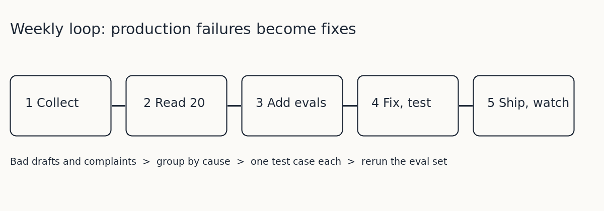 Five-step weekly loop: collect failures, read them, add to eval set, fix and test, ship and watch